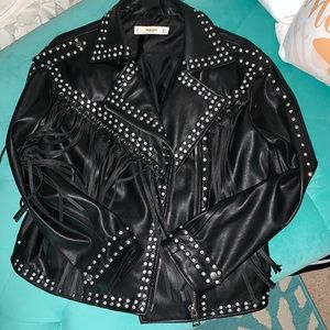🖤 Mango Faux Leather Diamond Stud Fringed Jacket 🖤